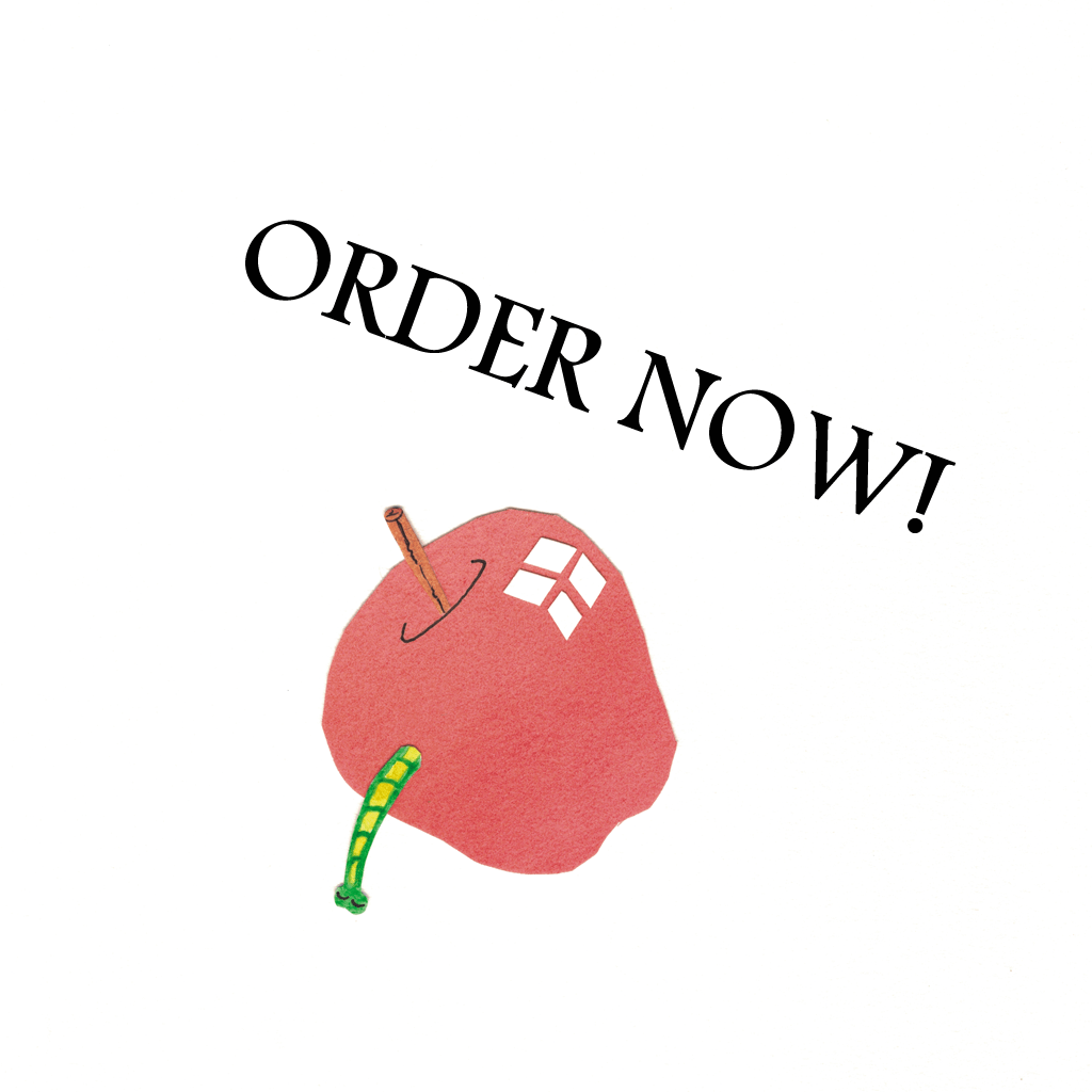 a worm crawls out of an apple below the text: Order Now